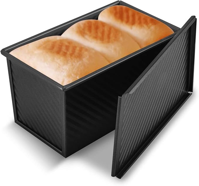 KITESSENSU Carbon Steel Pullman Loaf Pan with Lid, 1 lb Dough Capacity, Black, Non-Stick, Bread and Toast