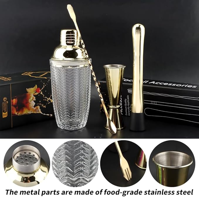 Glass Cocktail Shaker Set, Glass Bartender Kit with Measuring Jigger, Mixing Spoon, and Muddle, Premium Bar Tool Set for Crafting Martinis & Whiskey Cocktails Home Bar Accessories