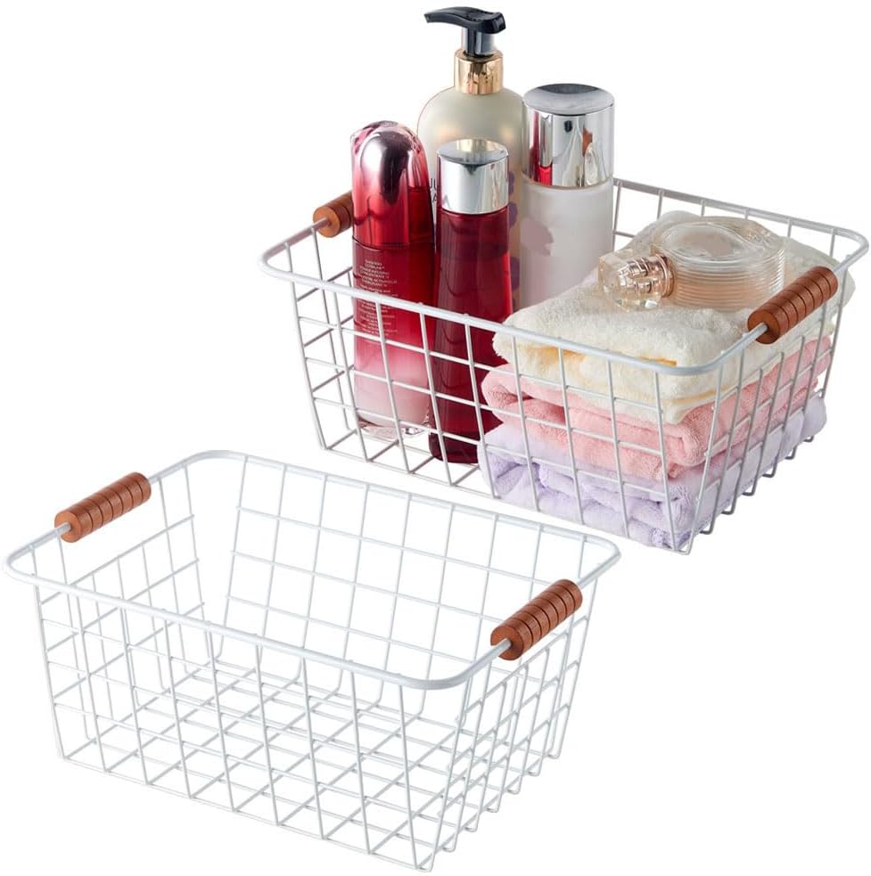 Wire Kitchen Storage Basket 2 Packs,Perfect Pantry Organization Accessories Baskets,Laundry Basket,With a Wooden Handle,Suitable for Kitchen,Bathroom,Bedroom,Tabletop,Stackable,White