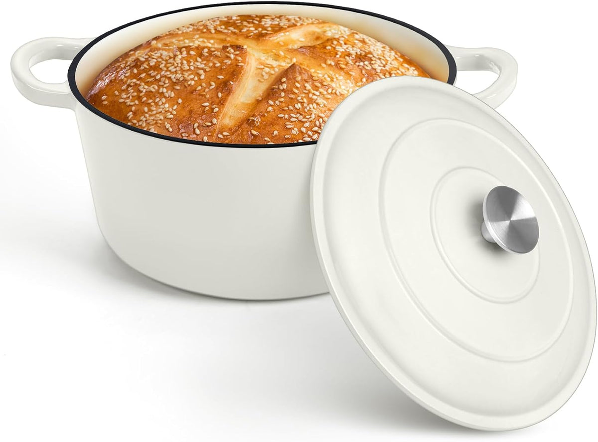 P&P CHEF 7QT Enameled Dutch Oven, Cast Iron Dutch Oven Pot with Lid for Bread Baking, Enameled Casserole Pot for Roasting Braising Stewing Frying Simmering, Various Stoves & Easy Clean, White