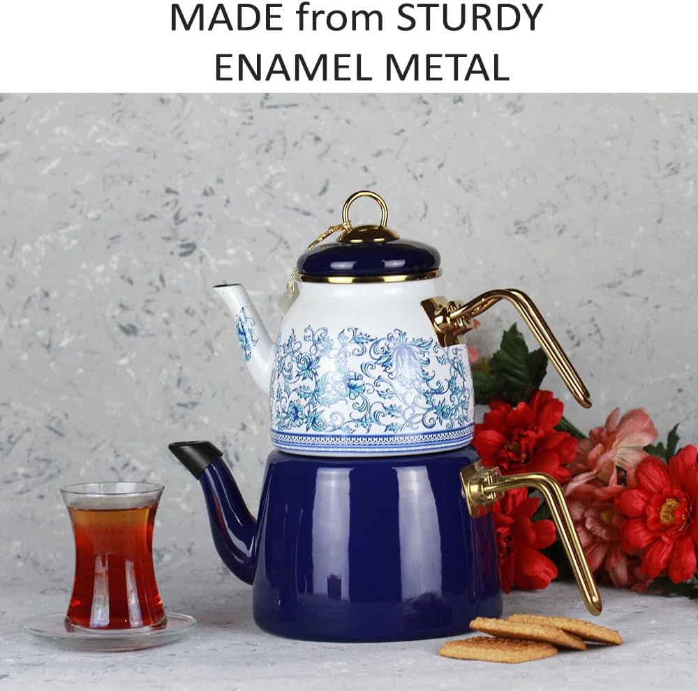 Vintage Turkish Teapot Tea Pots Kettle Set for Stovetop Stove Top Decorative Infuser Party Cups Glasses Floral Unique Boiler Samovar Strainer Loose Leaf Kitchen Style Enamel Decor (White-Blue)