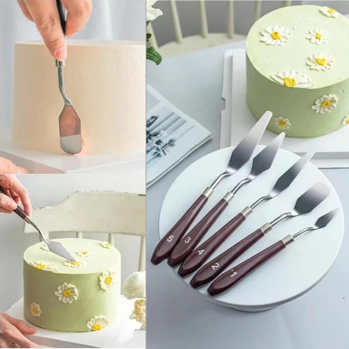 5pcs Stainless Steel Cake Cream Spatula Frosting Baking Pastry Tool Shovel Cake Painting Scraper Decorating Spatula Mixing Set Icing Oil Painting Cream Toner Tool for Fondant Chocolate