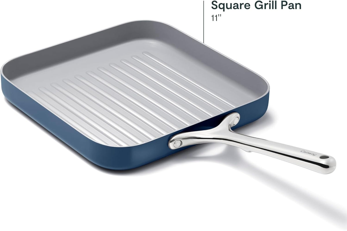 Caraway Square Grill Pan - 11” Grill Pan - Non-Stick Ceramic Coated - Non Toxic, PTFE & PFOA Free - Oven Safe & Compatible with All Stovetops - Navy