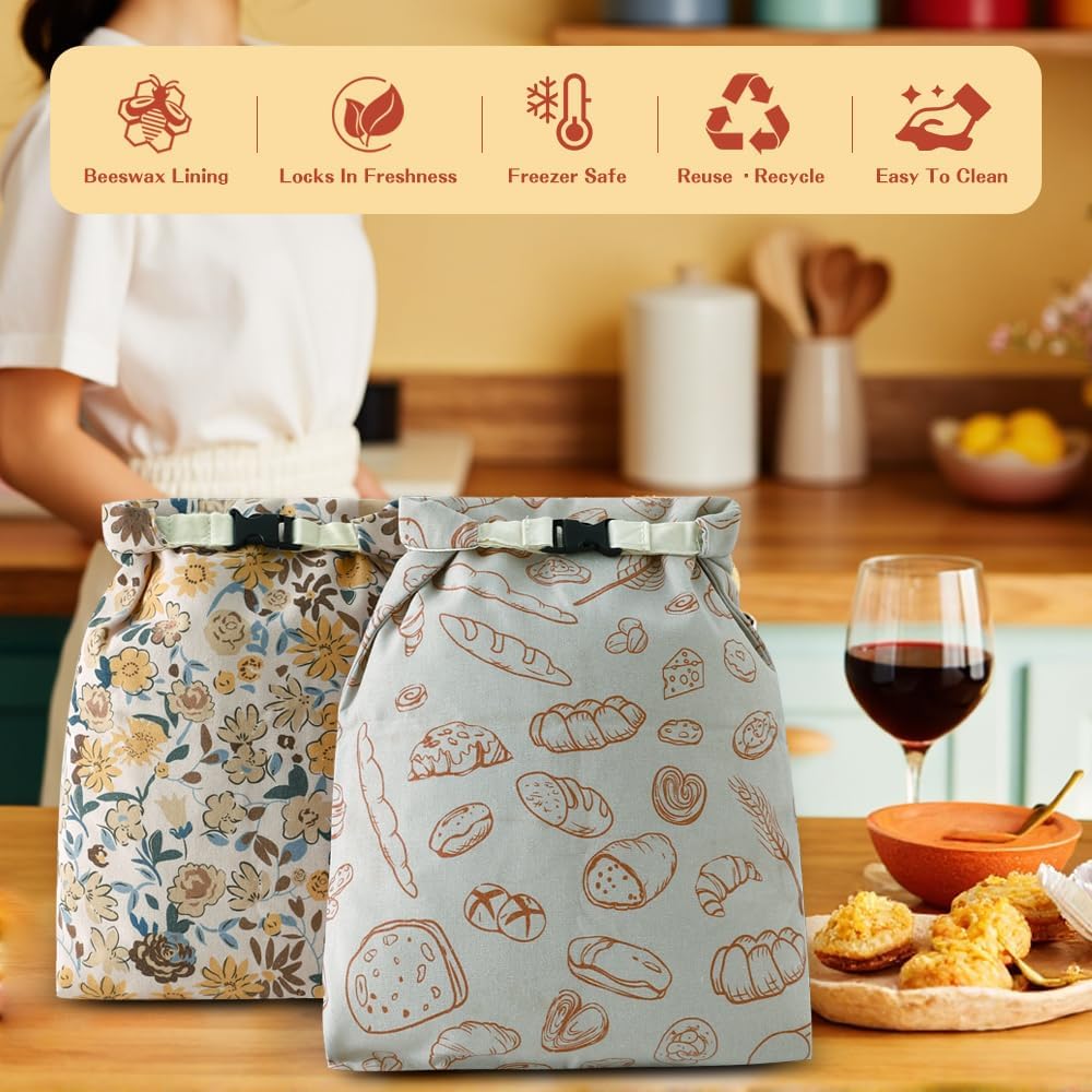 Bread Bags for Homemade bread,2 Pack Sourdough Bread Bags,Beeswax Bread Bags for Bourdough,Reusable Bread Storage