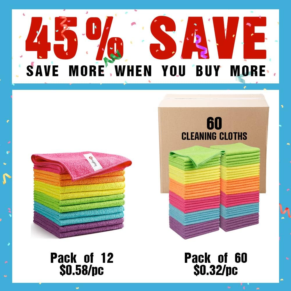 Orighty Cleaning Cloths Pack of 60, Highly Absorbent Microfiber Cleaning Supplies, Lint Free Cloths for Multiple-use, Powerful Dust Removal Clean Rags for House, Kitchen, Car Care(12x12 inch)
