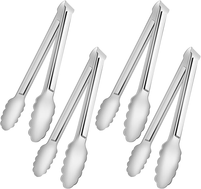 4 Pack Serving Tongs for Buffet,Metal Kitchen Tongs,Stainless Steel Food Tongs, Small Tongs for serving, Silver (7IN)
