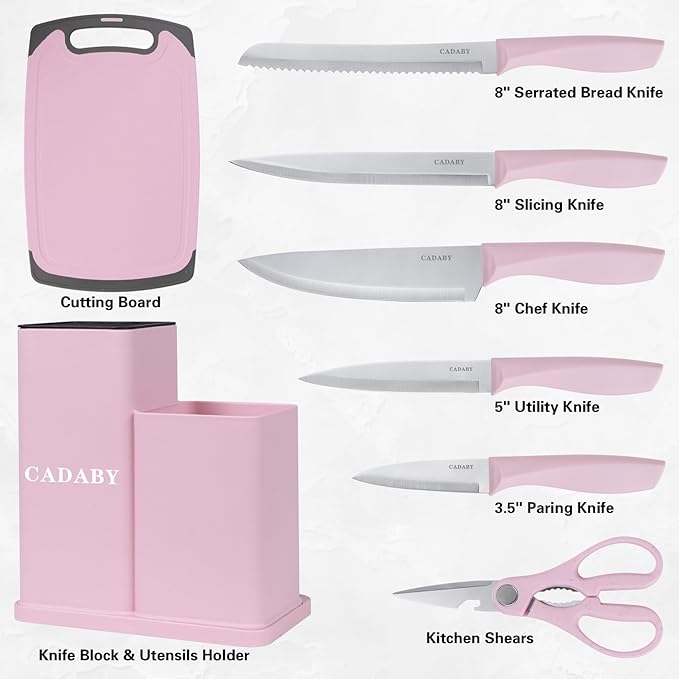 19 PCS Kitchen Cooking Utensils Set, 11 Pieces Silicone Cooking Utensils Set 6 Pieces Sharp Stainless Steel Pink Knife Set with 1 Piece Cutting Board, Ideal for Apartment