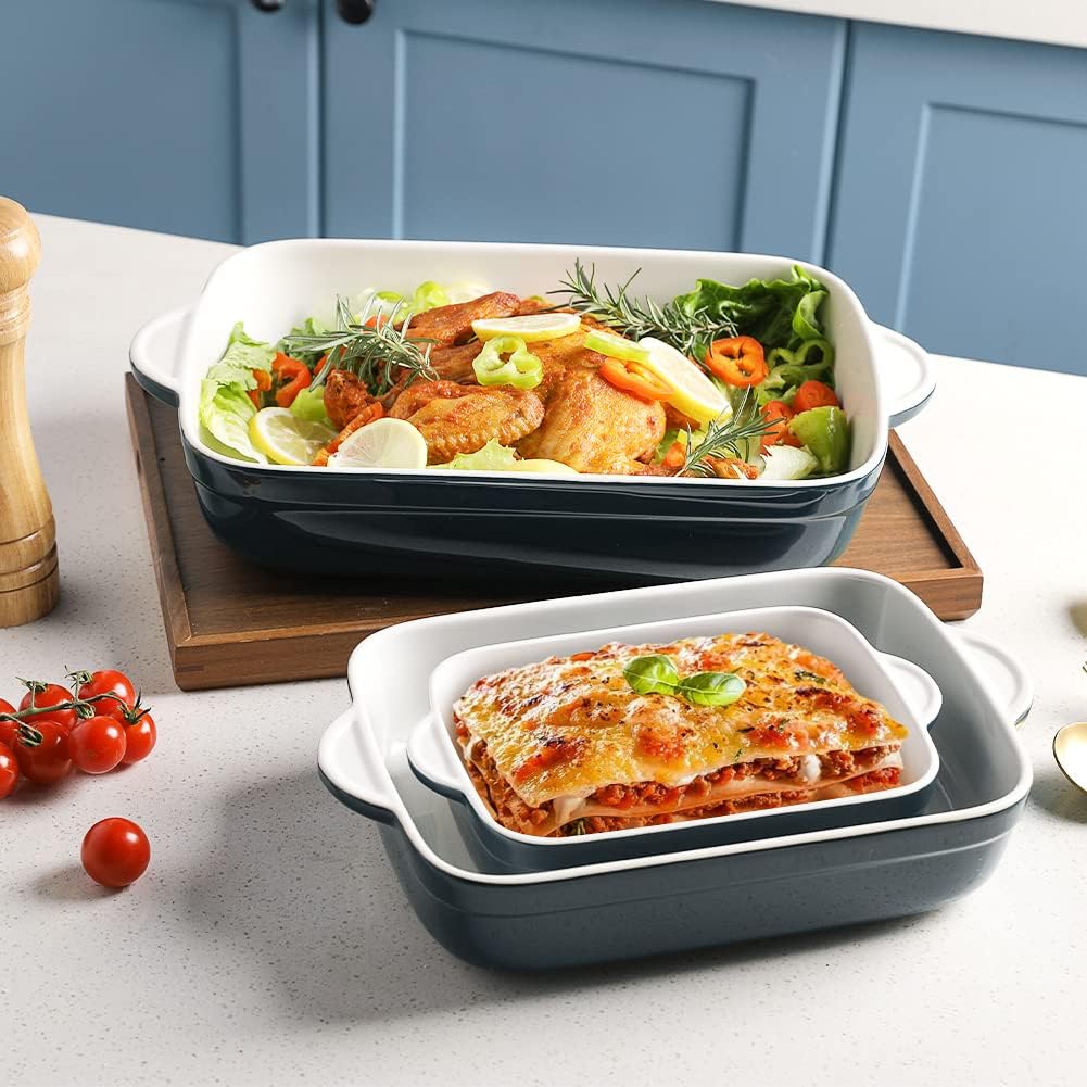 Sweejar Casserole Dishes for Oven, Ceramic Bakeware Set of 3, Lasagna Pan Deep with Handle, Rectangular Baking Pan Set, 9x13 Baking Dish for Cooking, Banquet and Daily Use (Navy)