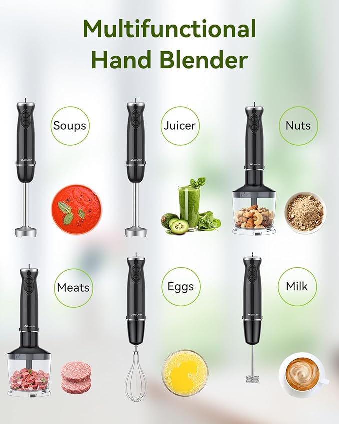 Immersion Blender Handheld Hand Blender, 1000W 5 in 1 Hand Mixer Stick, BPA-Free 12 Speed Handheld Blender 304 Stainless, Mixing Beaker, Chopper, Whisk, Milk Frother, Soup, Smoothies, Baby Food, Sauce