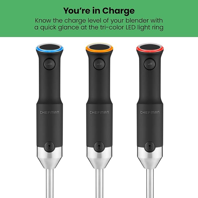 Chefman Cordless Power Portable Immersion Blender, Ice Crushing Power with One-Touch Speed Control, USB Charging, Quickly Mixes Smoothies, Purees Soups, Dips, Sauces, Storage Case, Stainless Steel