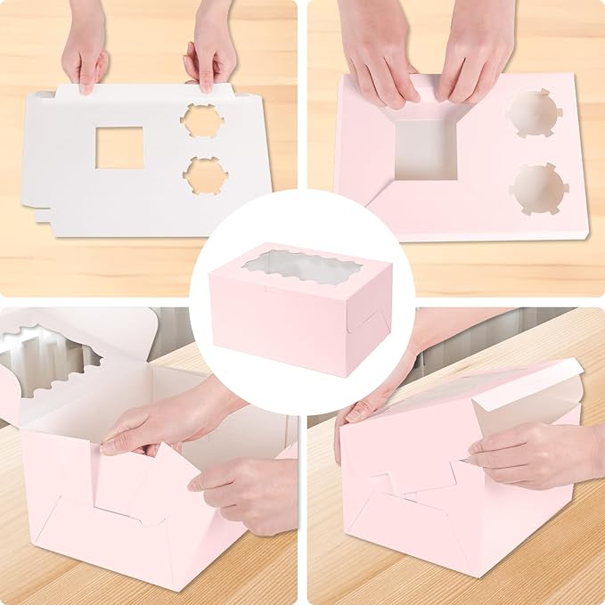 Pink 10 Packs cajas para postres and Cupcake Box 3 Holes Fit 2 Cupcakes and 1 Mini Cake Box with Clear Window and Stickers for Wedding Birthday Party Bakery pastry boxes(Pink, 1+2(10Pack))