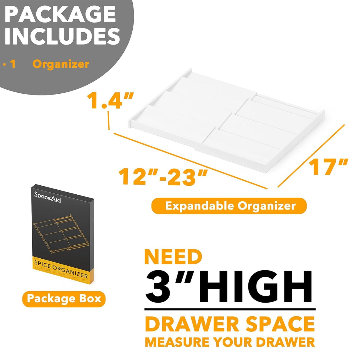 SpaceAid Bamboo White Spice Drawer Organizer, (Need 3" Deep Drawer) Expandable 4 Tier Spices Rack for Cabinet, Kitchen Seasoning Storage Insert (Jars Not Included, From 12" to 23" Wide)