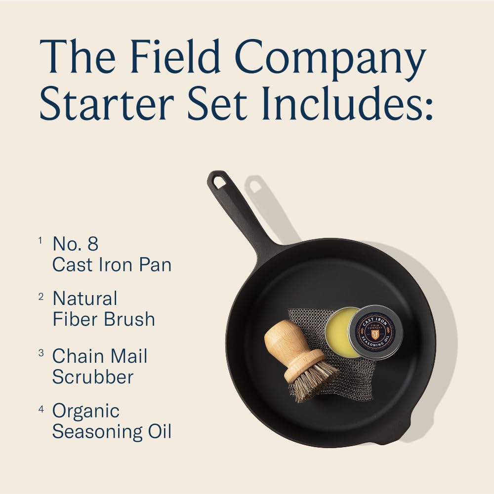 Field Company Starter Set – 10-Inch Cast Iron Skillet No.8 with Cleaning Kit: Natural Fiber Brush, Chain Mail Scrubber & Organic Seasoning Oil – Lightweight, Preseasoned, Made in USA, Vintage Design