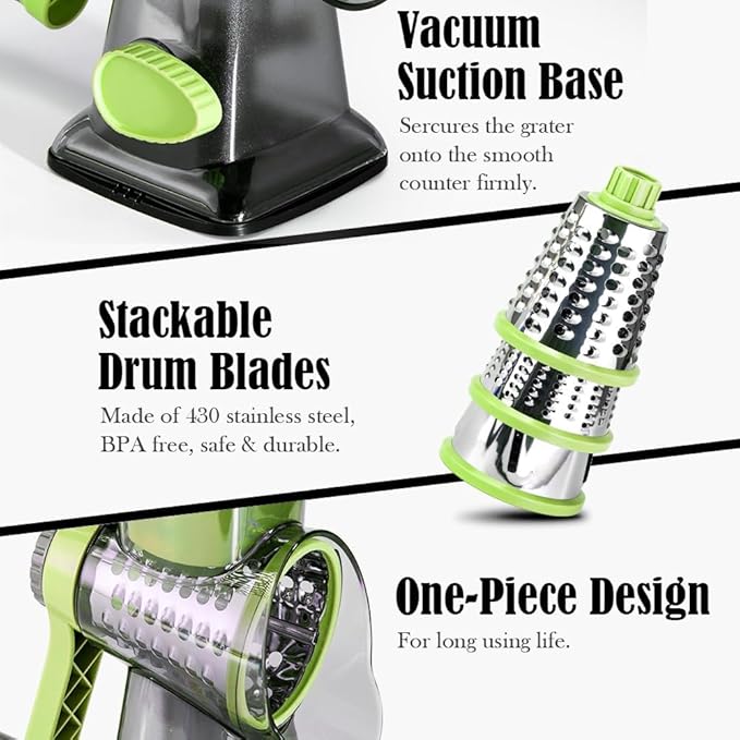 Cheese Grater Hand Crank Rotating Cheese Shredder Stainless Steel Vegetable Slicer Grater for Kitchen 3 Blades for Cheese, Carrot, Cucumber, Nuts, Chocolate, Green