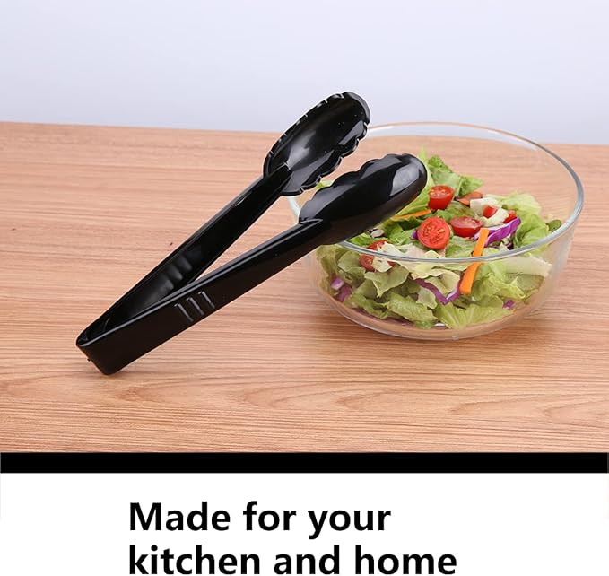 24 Pieces Plastic Salad Tongs, Black Kitchen Serving Tongs, 9 Inch Disposable Utensils Set, Heavy Duty Scalloped, Perfect for Buffets and BBQ, Food Safe Material