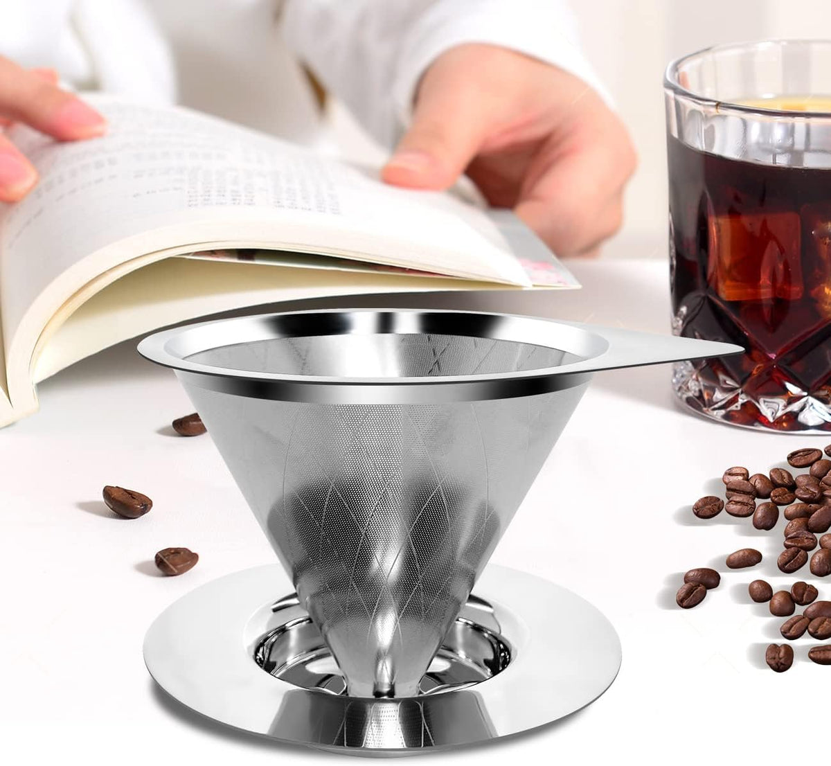 LHS Pour Over Coffee Dripper Reusable Coffee Filter Paperless Coffee Filter Stainless Steel Pour Over Coffee Maker Cone Coffee Dripper for 1-2 Cup,Argyle Pattern