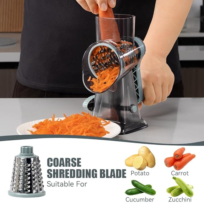 KEOUKE Rotary Cheese Grater Hand Crank Transparent - Shredder Slicer Grinder 3 Stainless Steel Blades, Stable Suction, Labor-Saving Handle, Safe Kitchen Tool for Cheese, Vegetable, Nuts, Chocolate