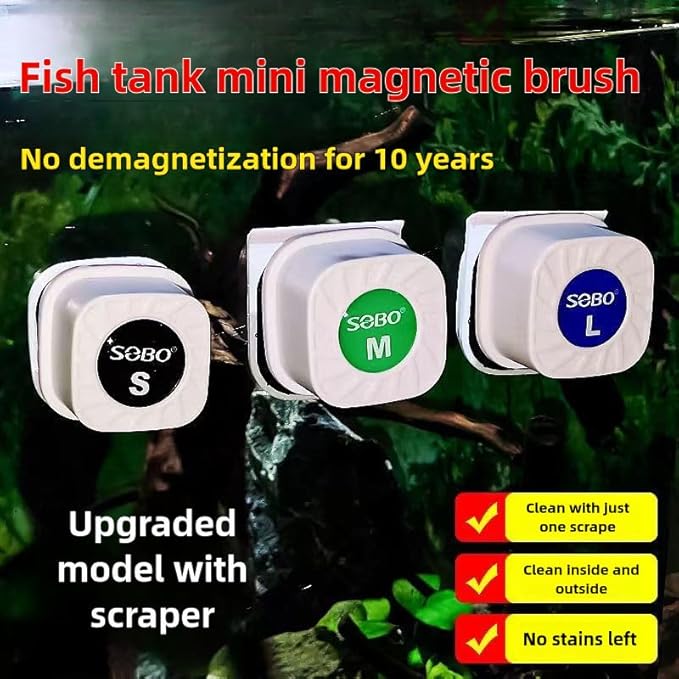 Mini Magnetic Aquarium Brush with Scraper Blade - Fish Tank Dirt Remover for Small Glass/Acrylic Tanks, Safe for Betta & Shrimp (5-20 Gallon) (Large with Scraper)