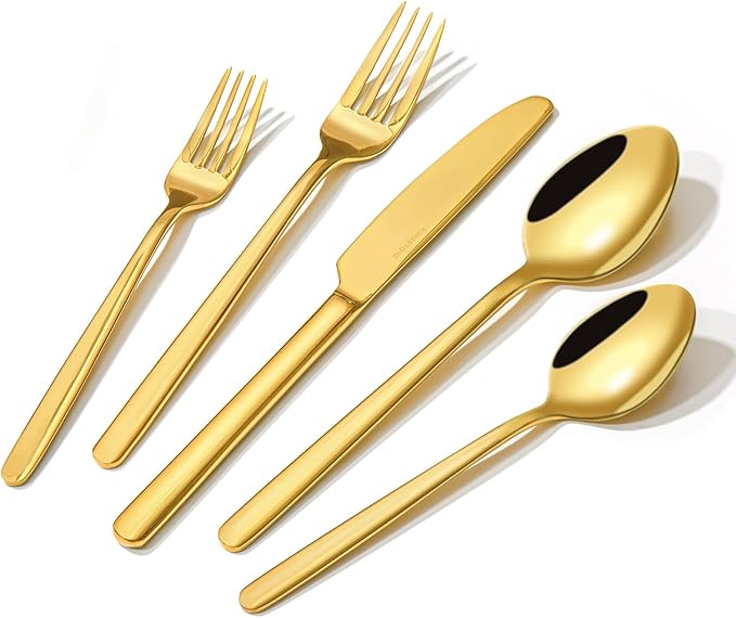 KINGSTONE Gold Silverware Set, 20 Piece Flatware Cutlery Set for 4, 18/10 Stainless Steel Silverware Mirror Polished Dishwasher Safe for Home, Restaurant, Wedding, Party(Gold, 20 pieces for 4)