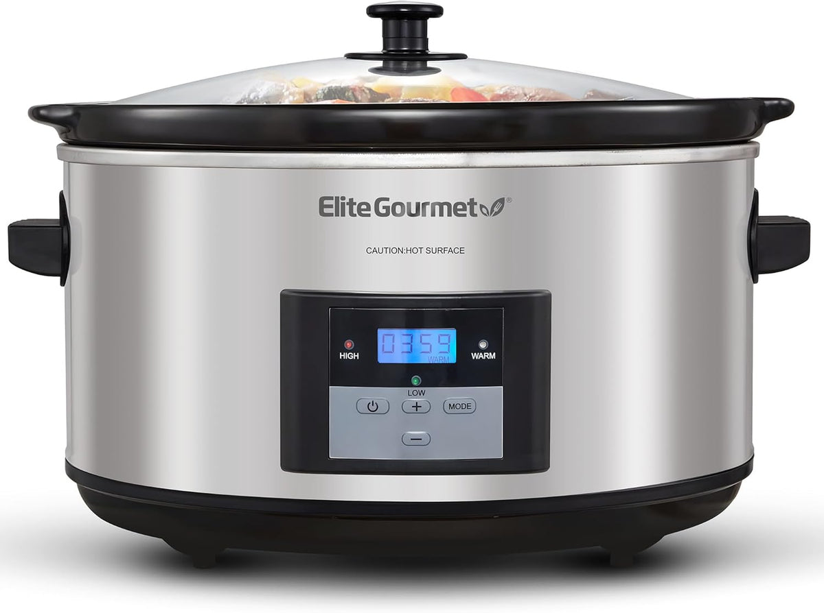 Elite Gourmet MST-900D 8.5Qt Digital Programmable XL Jumbo Slow Cooker, Adjustable Temp, Entrees, Sauces, Stews & Dips, Dishwasher Safe Glass Lid & Crock, Stainless Steel