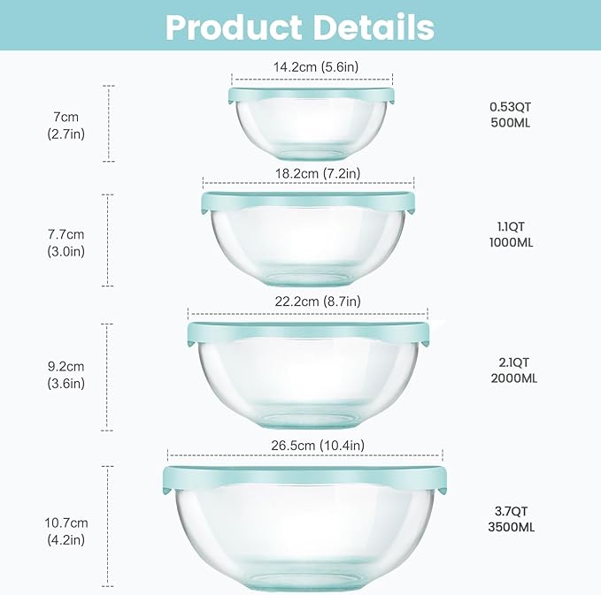 Luvan Borosilicate Clear Glass Mixing Bowls with Lids Set of 4 (0.53qt, 1.1qt, 2.1qt, 3.7qt), Space Saving Nesting Bowls Large Kitchen Salad Bowls for Meal Preping,Baking,Mixing,Dishwasher Safe