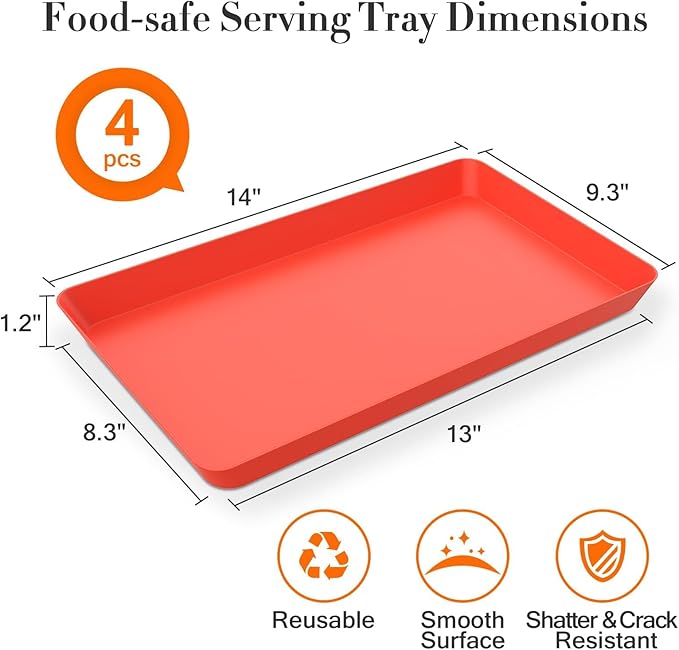 WOWBOX 4 pcs Serving Tray for Entertaining, Serving Platters for Snacks, Fruit, Cookies, Dessert, Reusable Plastic Trays for Serving Food and Pantry Organization in Kitchen & for Parties, (Red)