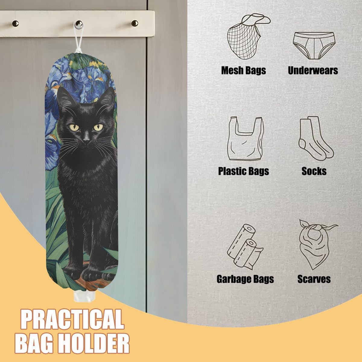 Flower Cat Plastic Bag Holder, Wall Mount Grocery Bag Holder, Plastic Storage bag, Pull Rope Free Adjustment, Plastic Bag Holders for Grocery Bags, Plastic Bag Dispenser for Home Kitchen