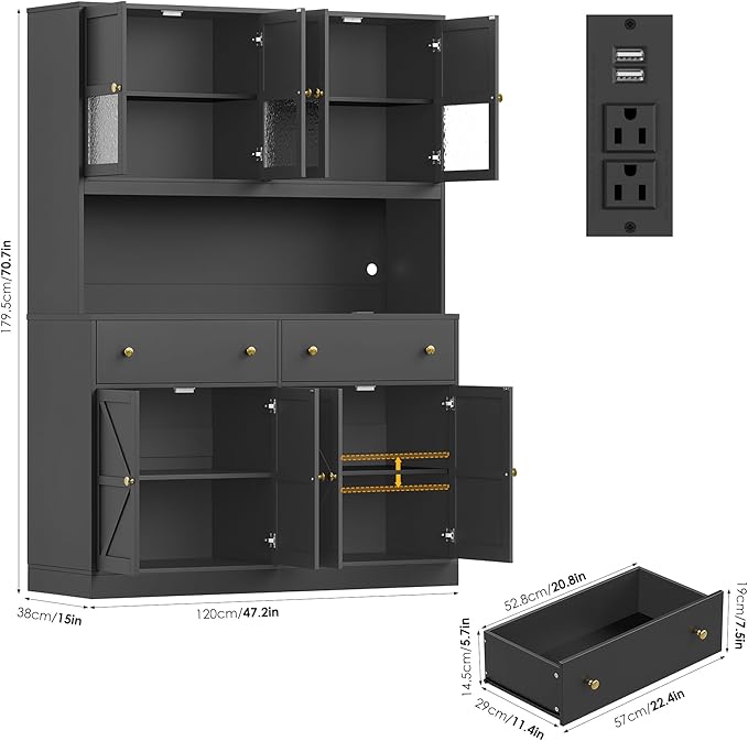 FINETONES 71" Pantry Cabinet with LED Light and Charging Station, Farmhouse Kitchen Pantry Cabinet with Microwave Stand, 47.2" Wide Kitchen Hutch Food Pantry with Open Countertop, Black