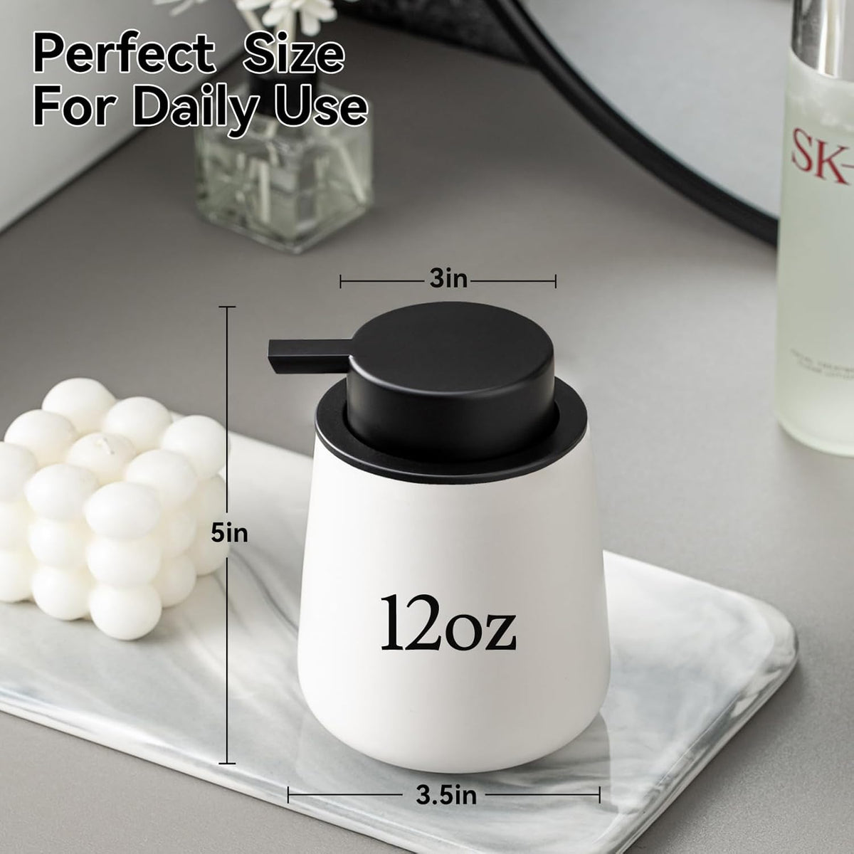 Foaming Soap Dispenser - 12 OZ White Ceramic Foam Soap Dispenser for Bathroom, Hand Wash Dispenser Bottle with Black Foaming Pump, Refillable Dish Dispenser Kitchen