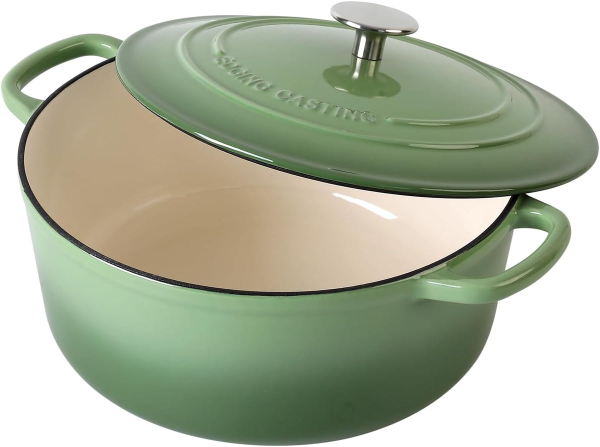 Enameled Dutch Ovens Cast Iron Dutch Oven Pot with Lid for Bread Baking, Cook, Dual Handle, 7 Quart, Pistachio Green