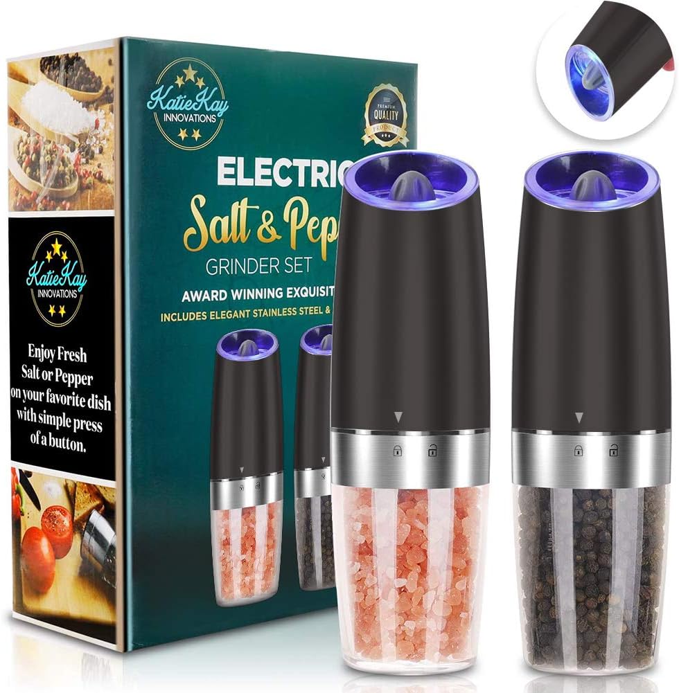 Electric Gravity Salt and Pepper Grinder set of 2, Automatic Salt and Pepper Mill Grinder, Adjustable Roughness, Battery Powered, Blue LED Light, Stainless Steel with One Hand Operation (Black)