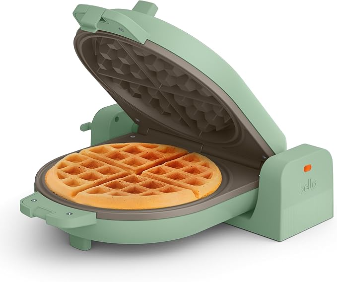 bella Flip-n-Store Waffle Maker with EverGood™ Ceramic Nonstick Coating, Fits-anywhere™ Kitchenware, Power Indicator Light, Cool Touch Handle & Cord Wrap, 7” Wide & 1" Deep Plates, 1000 Watt, Seaglass