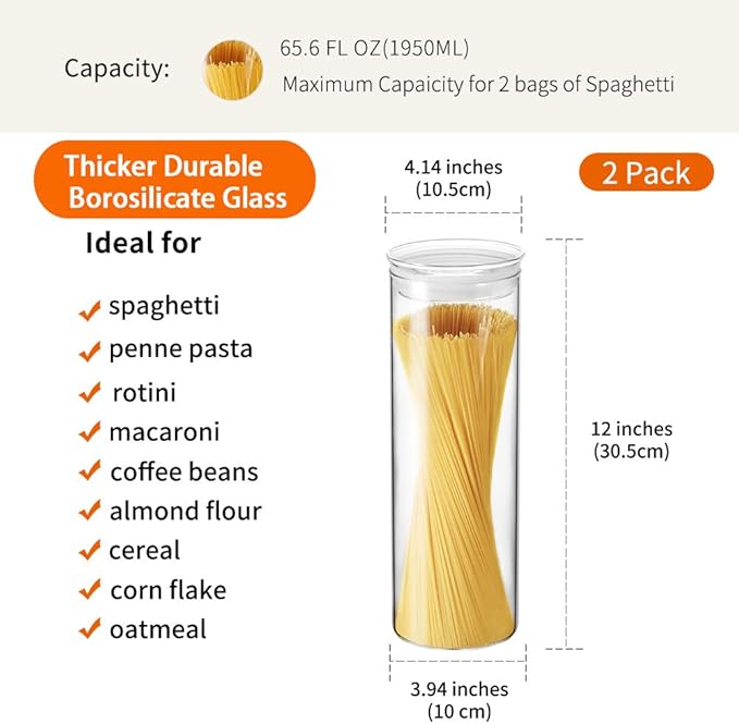 ZENS Glass Spaghetti Pasta Storage Container with Lids Set of 2, 65oz Tall Clear Airtight Food Storage Jar Canisters for Kitchen Pantry Noodles Flour Cereal Coffee Beans