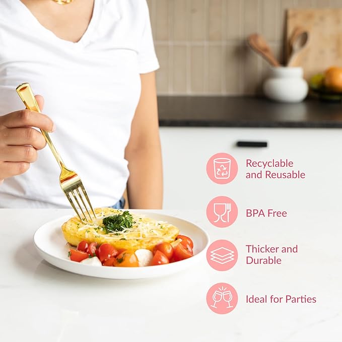 Prestee Set of 300 Gold Plastic Forks Disposable - 7-in Heavy-Duty Fork Flatware - Bulk Pack Fancy Silverware - Sturdy Elegant Cutlery for Weddings, Birthday Parties, Buffets, Catering, and Events