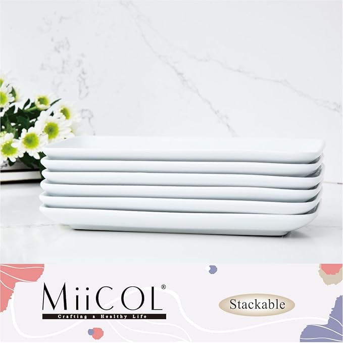 Miicol Small Platters Set of 6, Ceramic Rectangle Plates 9 Inch, Modern Sushi Plate Set, White Serving Dishes for Serving Food, Appetizer, Dessert, Dinner, Party