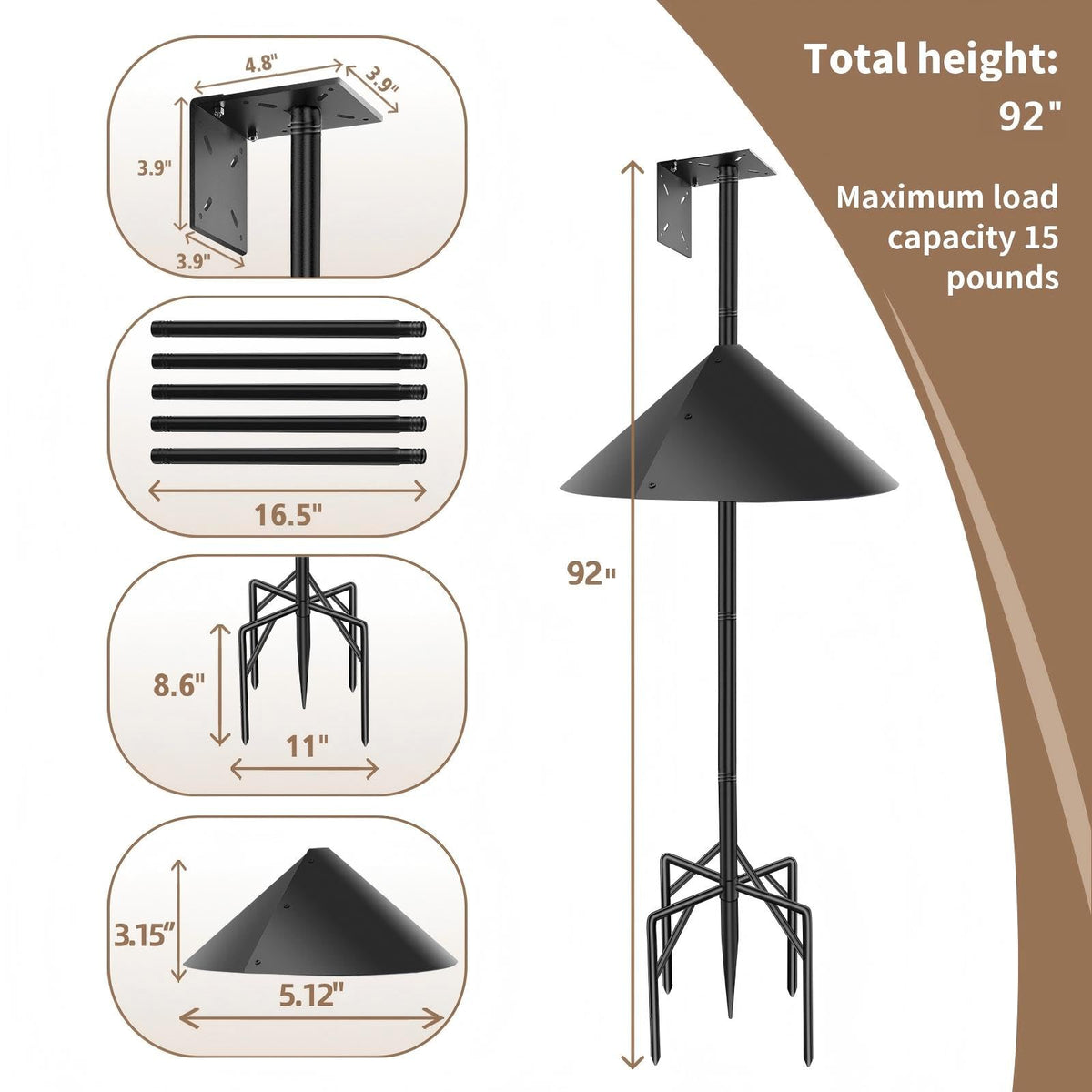 ReTang 92" Bird Feeder Pole with Squirrel Baffle, 1" Heavy Duty Metal Stand