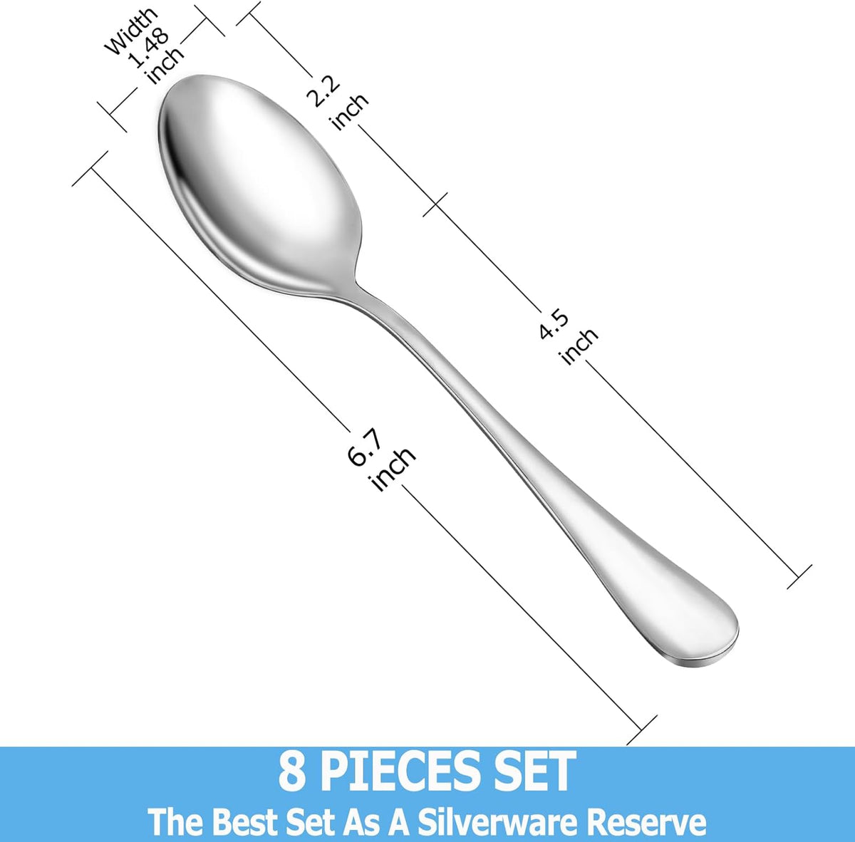 8 Pcs Teaspoons Set, Food Grade Stainless Steel Tea Spoons, Durable Small Spoons, Metal Dessert Spoon, Spoon Silverware for Home, Kitchen or Restaurant, Mirror Polished & Dishwasher Safe, 6.7-Inch