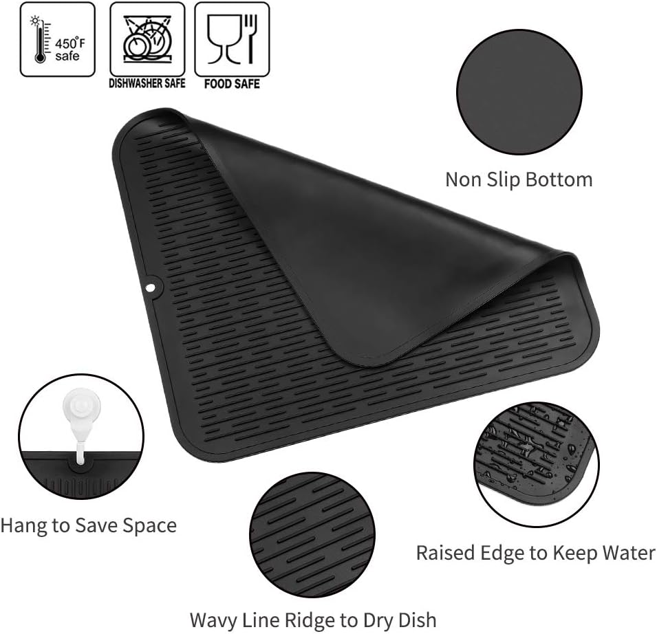 Silicone Dish Drying Mat for Multiple Usage,Easy clean,Eco-friendly,Heat-resistant Silicone Mat for Kitchen Counter or Sink,Refrigerator or Drawer Liner Black 2XL 24 inches x 18 inches