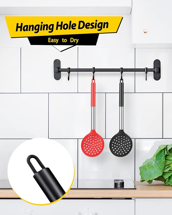 Kitchen Ladle Strainer Set of 2 Large Slotted Spoon with High Heat Resistant BPA Free Non Stick Cooking Skimmers For Draining and Frying (Black and Red)