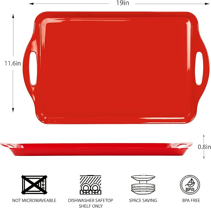Red Christmas Serving Tray with Handles, 19''x11.6'' Extra Large Red，Melamine Platters Set of 2, Rectangular Trays for Serving Food, Turkey, Cookie, Cupcakes, Desserts, Dishwasher Safe, BPA-Free
