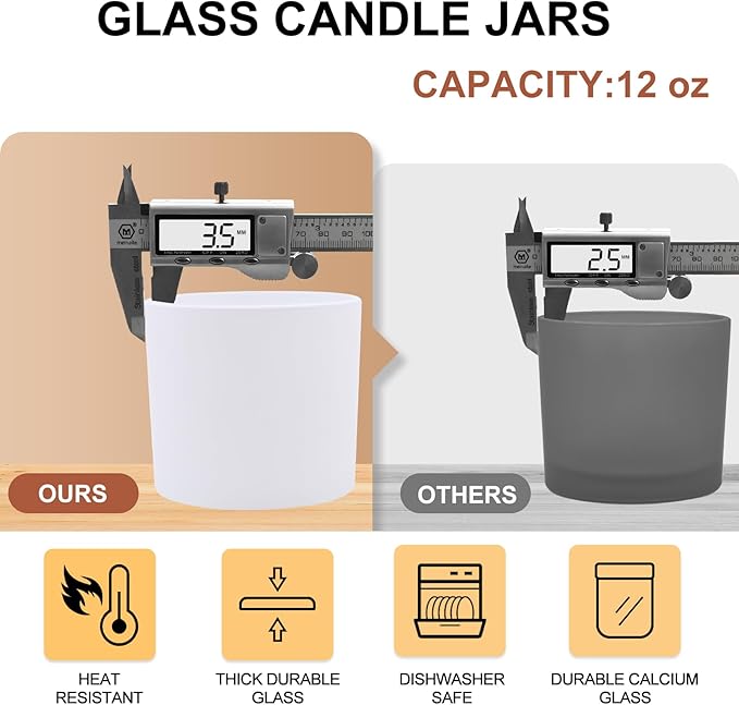 12 OZ Thick Candle Jars for Making Candles 12 Pcs, Empty Jars with Wood Lids for Spice Jars, Sample Container, Matte White