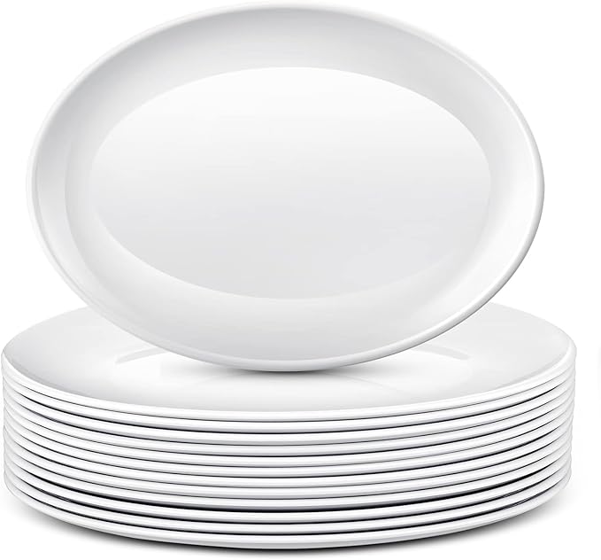 Dandat 12 Pcs Large Serving Platters Oval Trays White Plates Serving Dish for Wedding Party Restaurant Home Steak, Taco, Sushi, Appetizer, Cake (14 Inch)