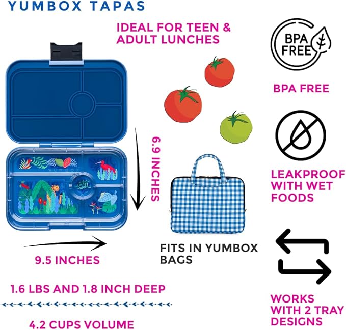 Yumbox Tapas Leakproof Bento Lunch Box: 4.2 Cups Larger 5-Compartment Design in Monte Carlo Blue with Jungle Tray- for Adults and Bigger Kids