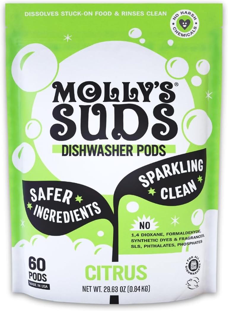 Molly's Suds Dishwasher Pods | Clean Dishwasher Detergent, Cuts Grease & Rinses Clean (Residue-Free) for Sparkling Dishes | 60 Auto-Release Tabs (Citrus)