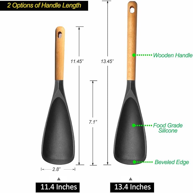 Cooking Spoon for Nonstick Cookingwares with Lengthed Wooden Handle, VOVOLY Silicone Spatula Spoon for Mixing, Scoop, and Scrape, Black, 13.4''