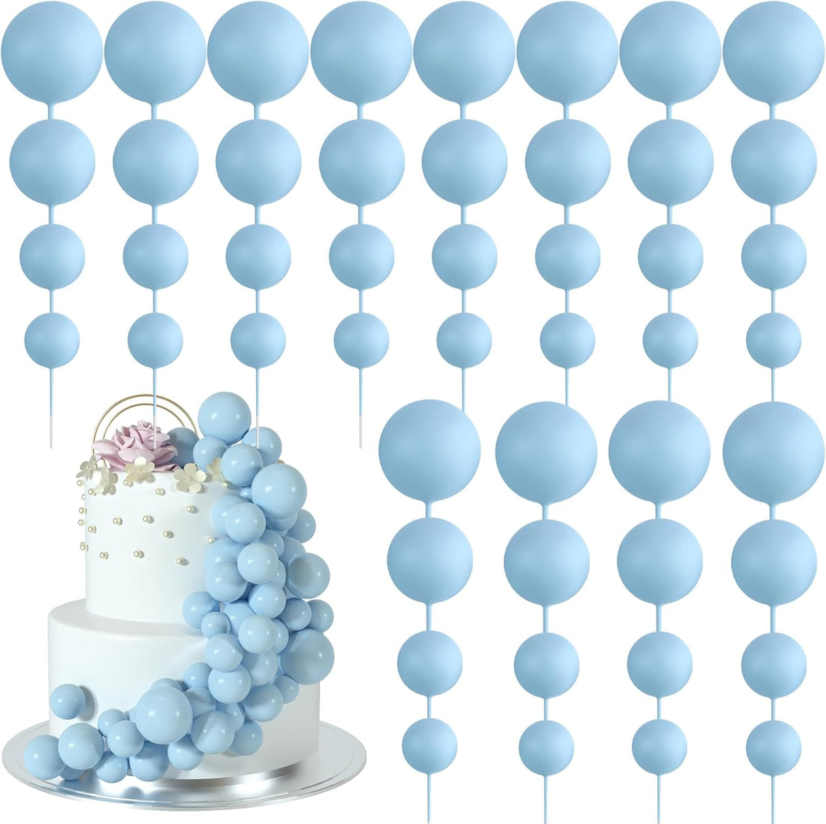 48 Pcs Balls Cake Topper Decorations Balloon Cupcake Toppers Foam Cake Topper Balls Cake Balls Decorations for Birthday Party Wedding Anniversary Cake Decorating (Light Blue)
