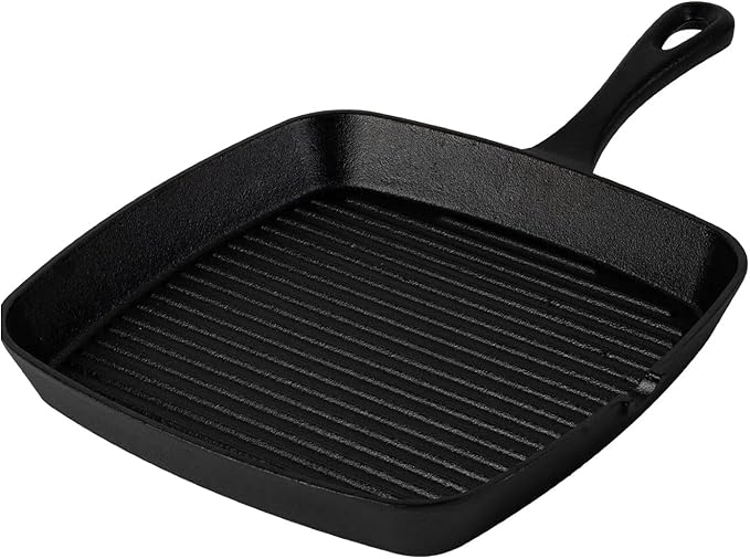Cast Iron Grill Pan,9.25" Pre Seasoned Skillet with Pour Spouts,Silicone Handle Cover for Indoor and Outdoor Grilling,Durable Oven Safe,Stove Campfire Use(Black)