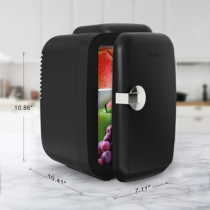 CROWNFUL Mini Fridge, 4 Liter/6 Can Portable Cooler and Warmer Personal Fridge for Skin Care, Cosmetics, Food,Great for Bedroom, Office, Car, Dorm, ETL Listed (Black)