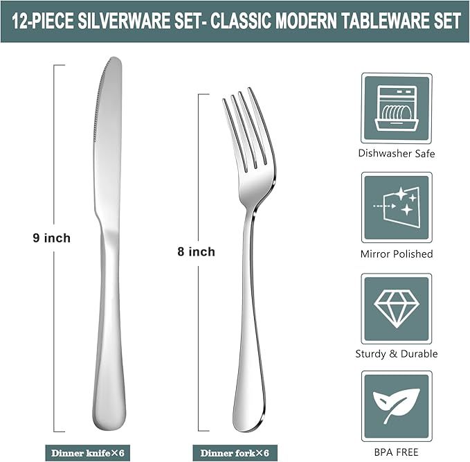 SANTUO 16 Piece Silverware Set with 8 Dinner Knives and 8 Dinner Forks,Flatware Set with Top Food Grade Stainless Steel,Tableware Cutlery Set For Home Restaurant Hotel, Mirror Finish, Dishwasher Safe