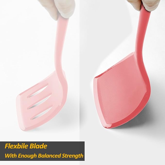 Silicone Pancake Spatula Turner with Lengthened Handle& Seamless Design, Heat Resistant Cooking Spatulas for Nonstick Cookware, Large Flexible Kitchen Utensils, Flipper for Egg, Pancake, Burger, Red